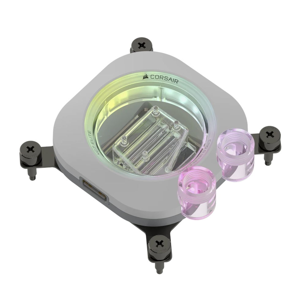 A large main feature product image of Corsair iCUE LINK XC7 RGB Elite CPU Water Block - White
