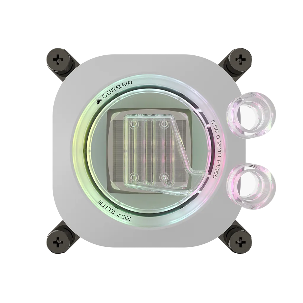 A large main feature product image of Corsair iCUE LINK XC7 RGB Elite CPU Water Block - White