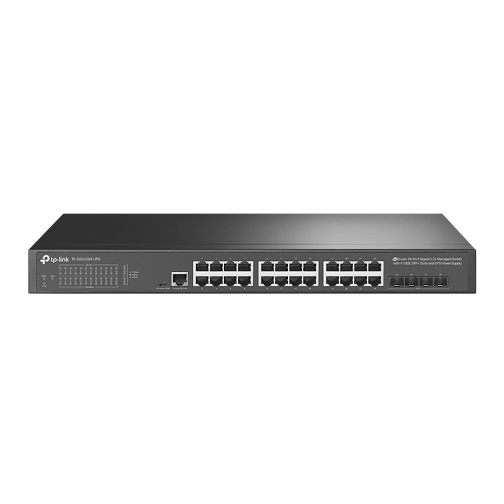 A large main feature product image of TP-Link JetStream TL-SG3428X-UPS - 24-Port Gigabit L2+ Managed Switch with 4 10GE SFP+ Slots and UPS
