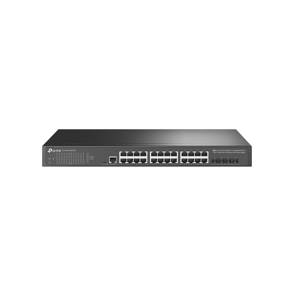 A large main feature product image of TP-Link JetStream TL-SG3428X-UPS - 24-Port Gigabit L2+ Managed Switch with 4 10GE SFP+ Slots and UPS