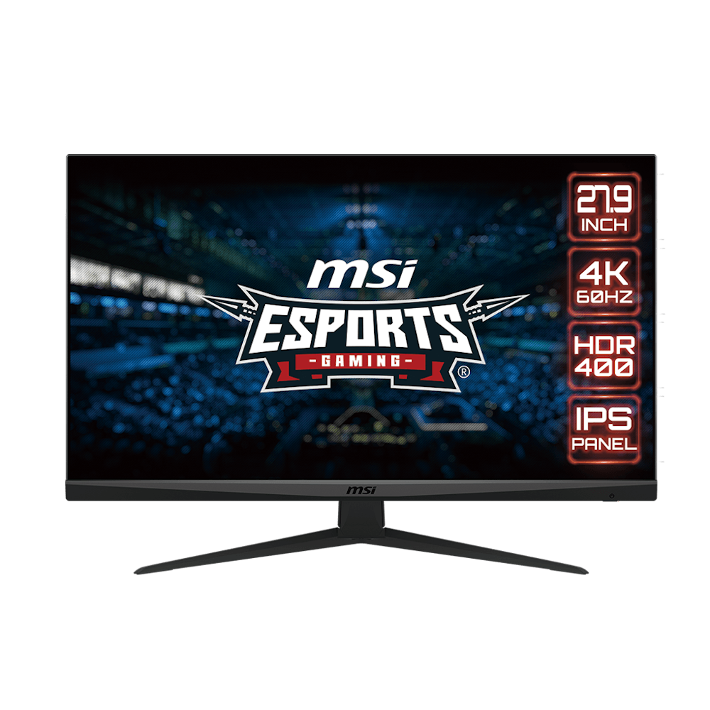 A large main feature product image of MSI G281UV 27.9" UHD 60Hz IPS Monitor