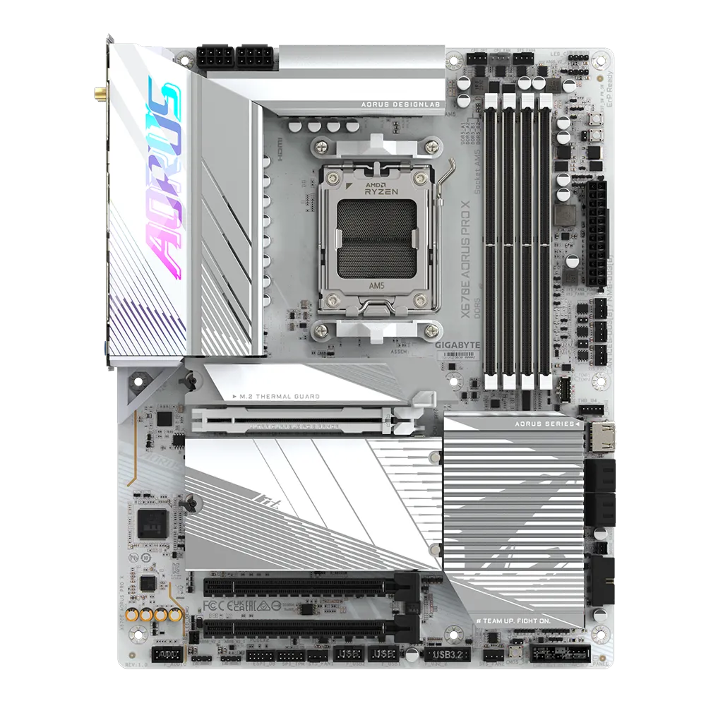 A large main feature product image of Gigabyte X670E Aorus Pro X AM5 ATX Desktop Motherboard