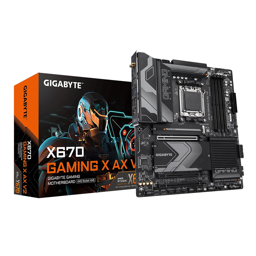 A large main feature product image of Gigabyte X670 Gaming X AX V2 AM5 ATX Desktop Motherboard