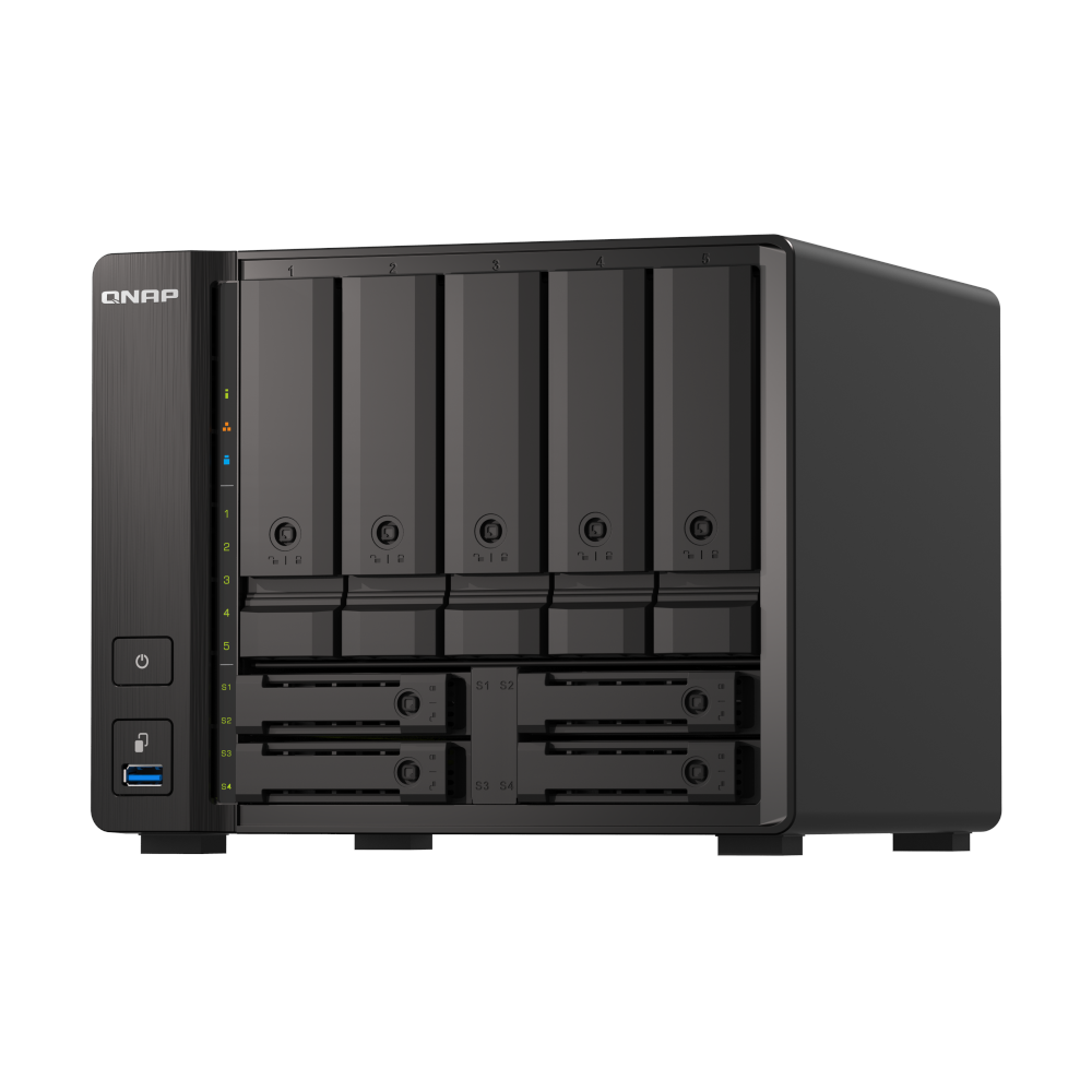 A large main feature product image of QNAP TS-h973AX-32G 2.2GHz 32GB 9-Bay NAS Enclosure