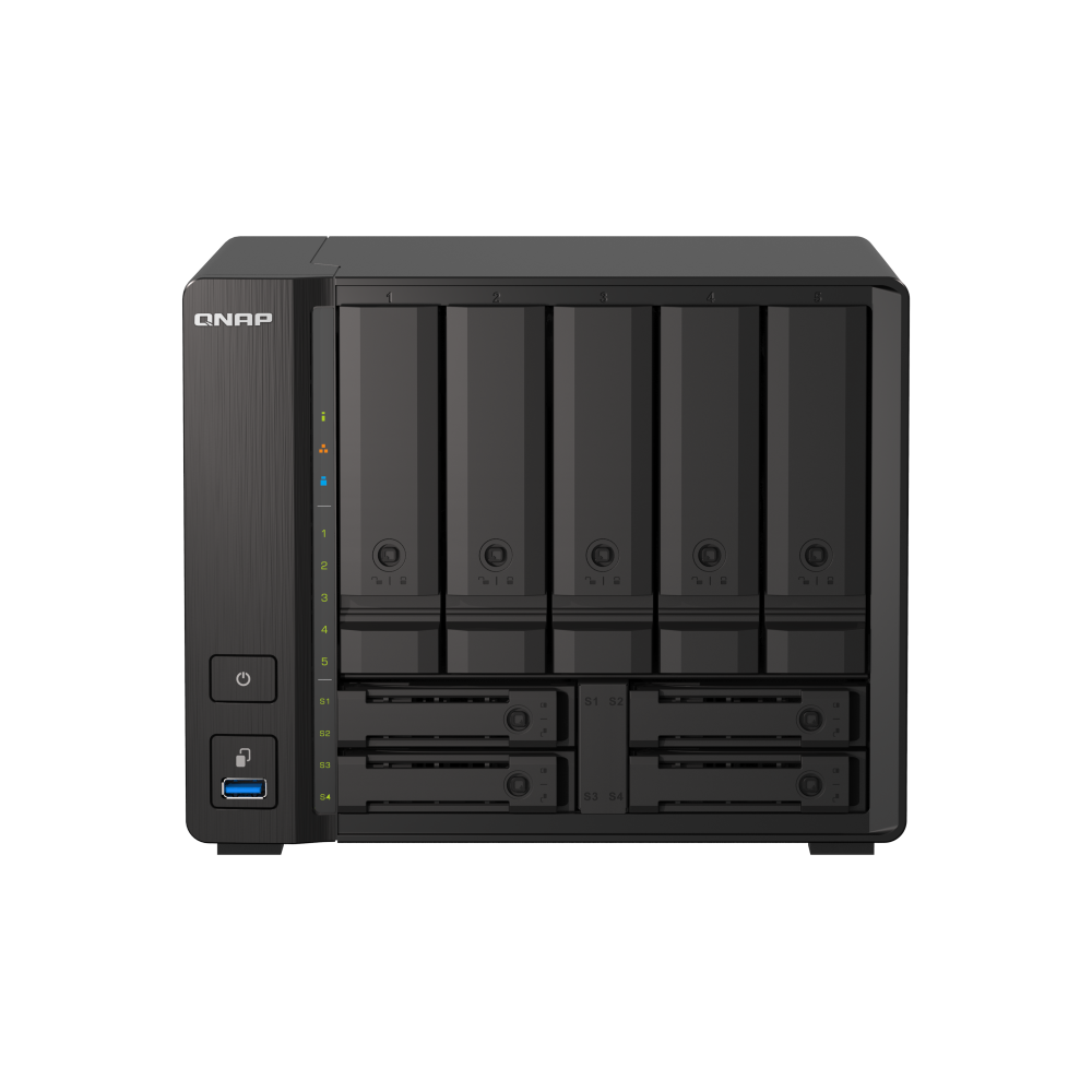 A large main feature product image of QNAP TS-h973AX 9-Bay NAS (2.2GHz Ryzen 4-Core/8-Thread, 32GB RAM, 10GbE)