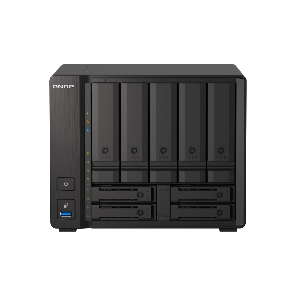 A large main feature product image of QNAP TS-H973AX-32G 2.2GHz 32GB 9-Bay NAS Enclosure