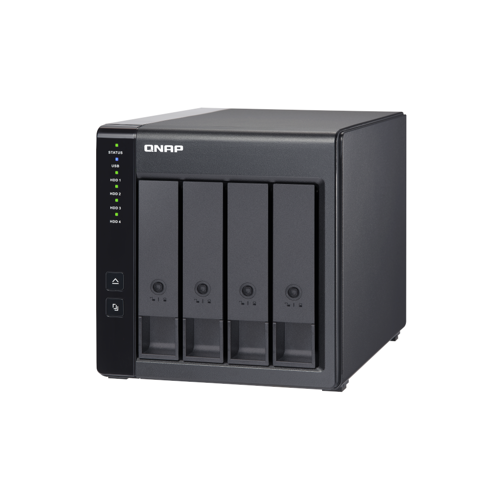 A large main feature product image of QNAP TR-004 4-Bay NAS/DAS with USB Type-C