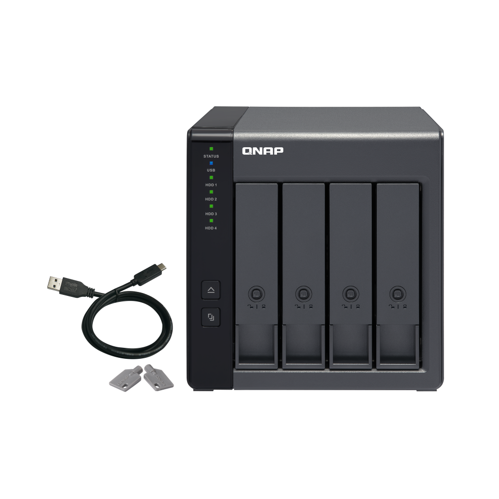 A large main feature product image of QNAP TR-004 4-Bay NAS/DAS with USB Type-C