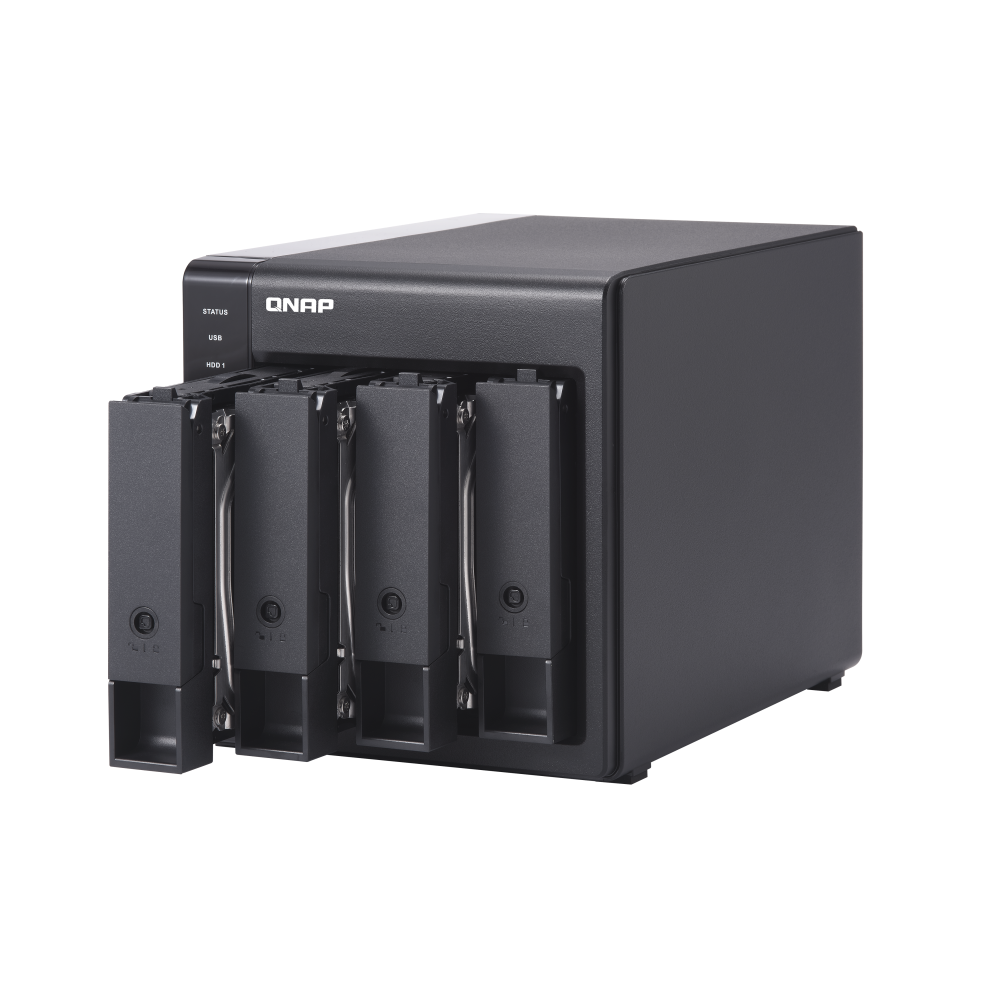 A large main feature product image of QNAP TR-004 4-Bay USB Type-C NAS Enclosure