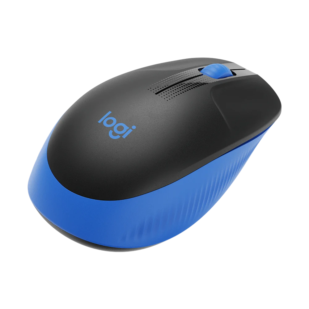A large main feature product image of Logitech M190 Full-Size Wireless Mouse (Blue)