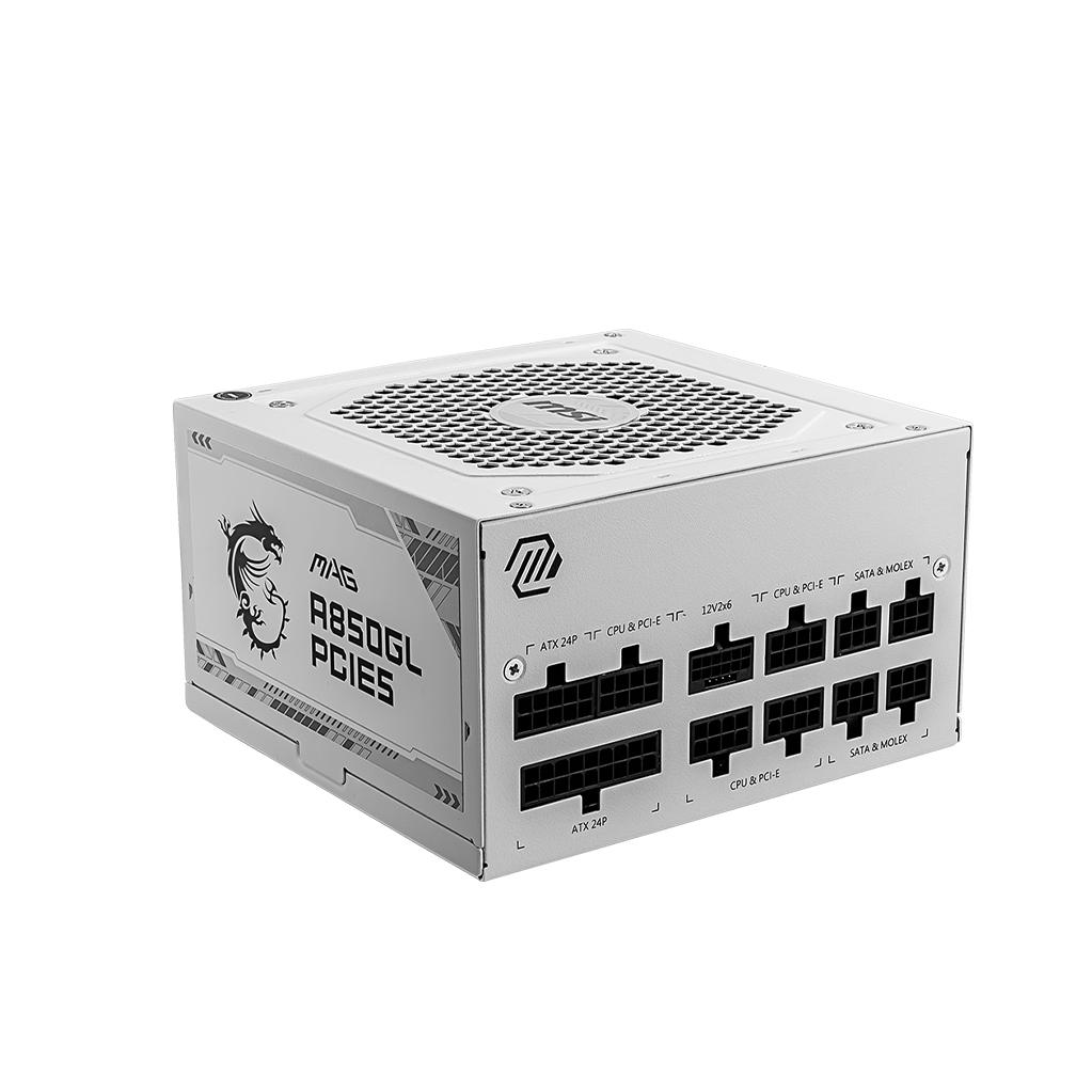 A large main feature product image of MSI MAG A850GL - 850W Gold PCIe 5.0 ATX Modular PSU (White)