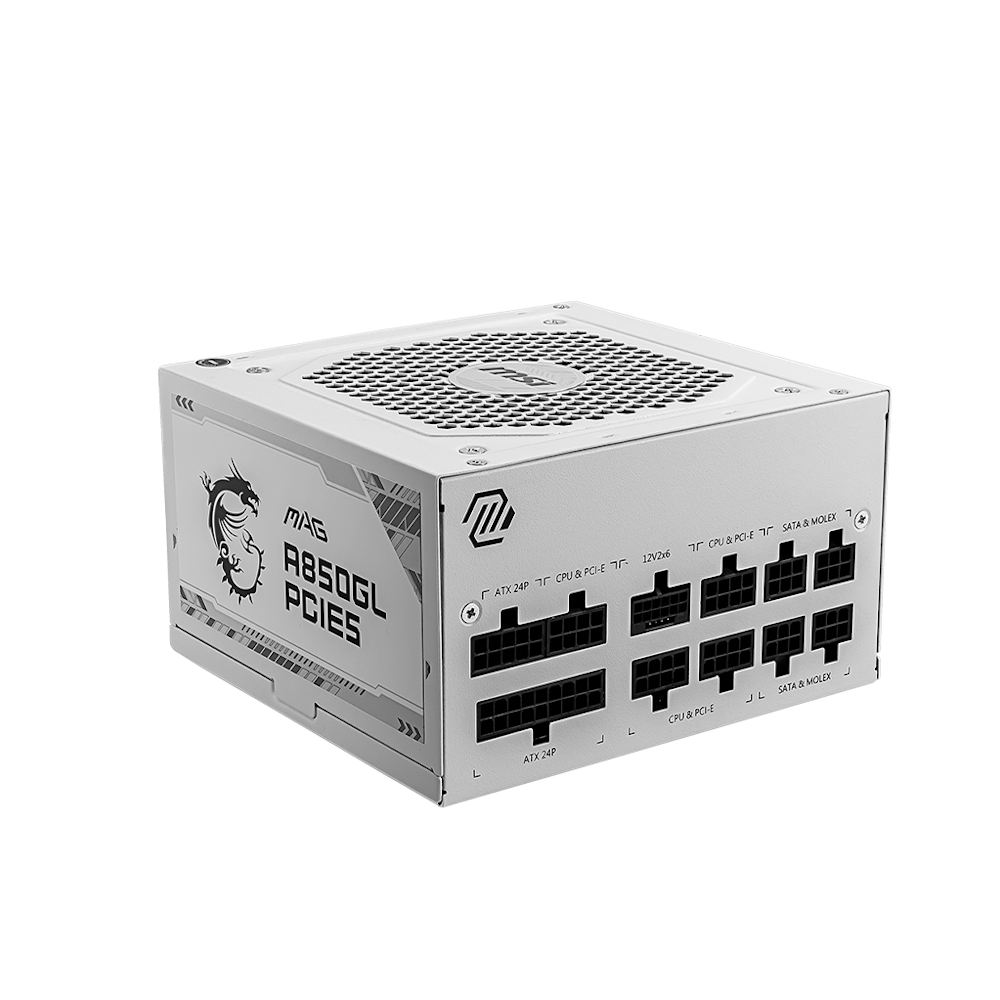 A large main feature product image of MSI MAG A850GL - 850W Gold PCIe 5.0 ATX Modular PSU (White)