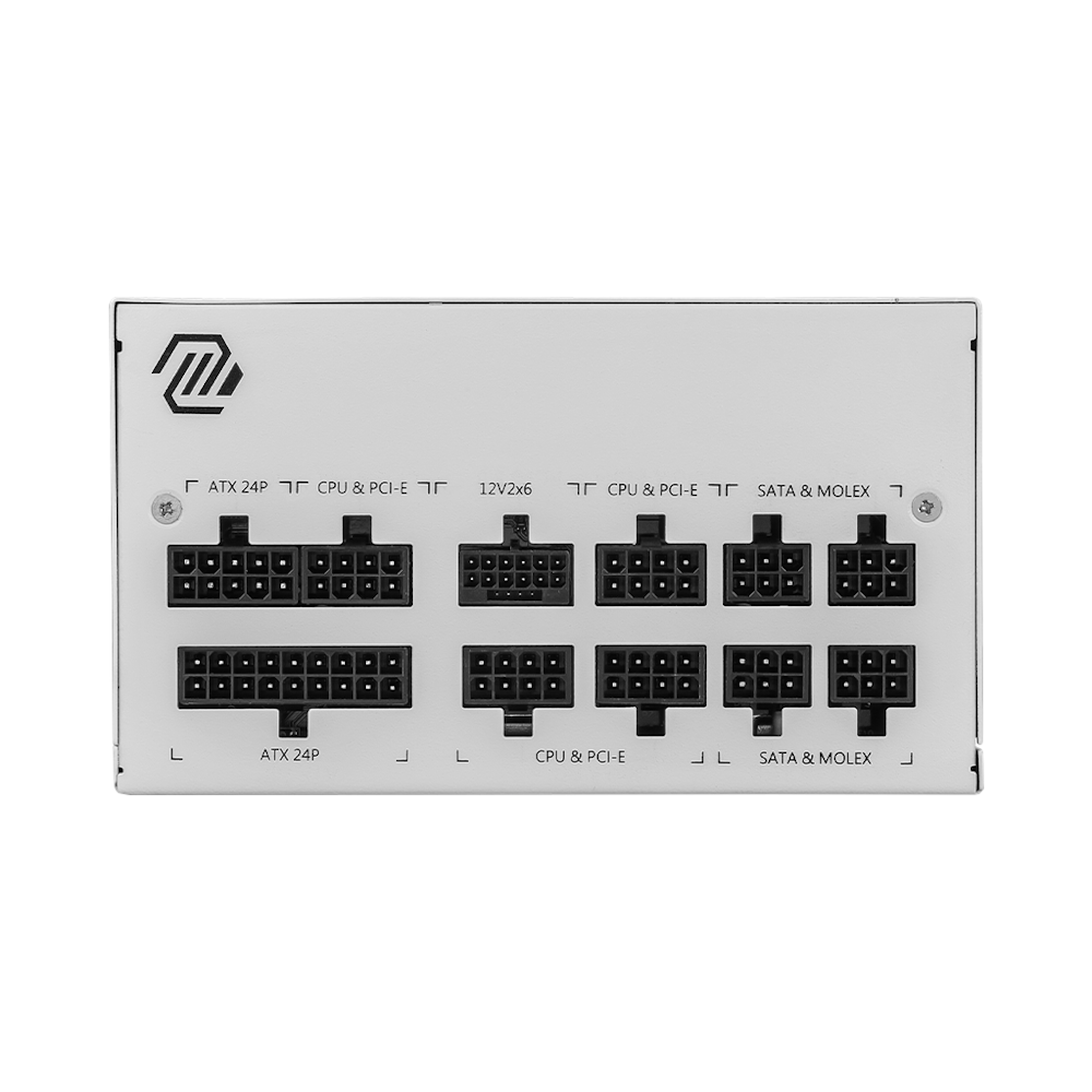 A large main feature product image of MSI MAG A850GL 850W Gold PCIe 5.0 ATX Modular PSU - White