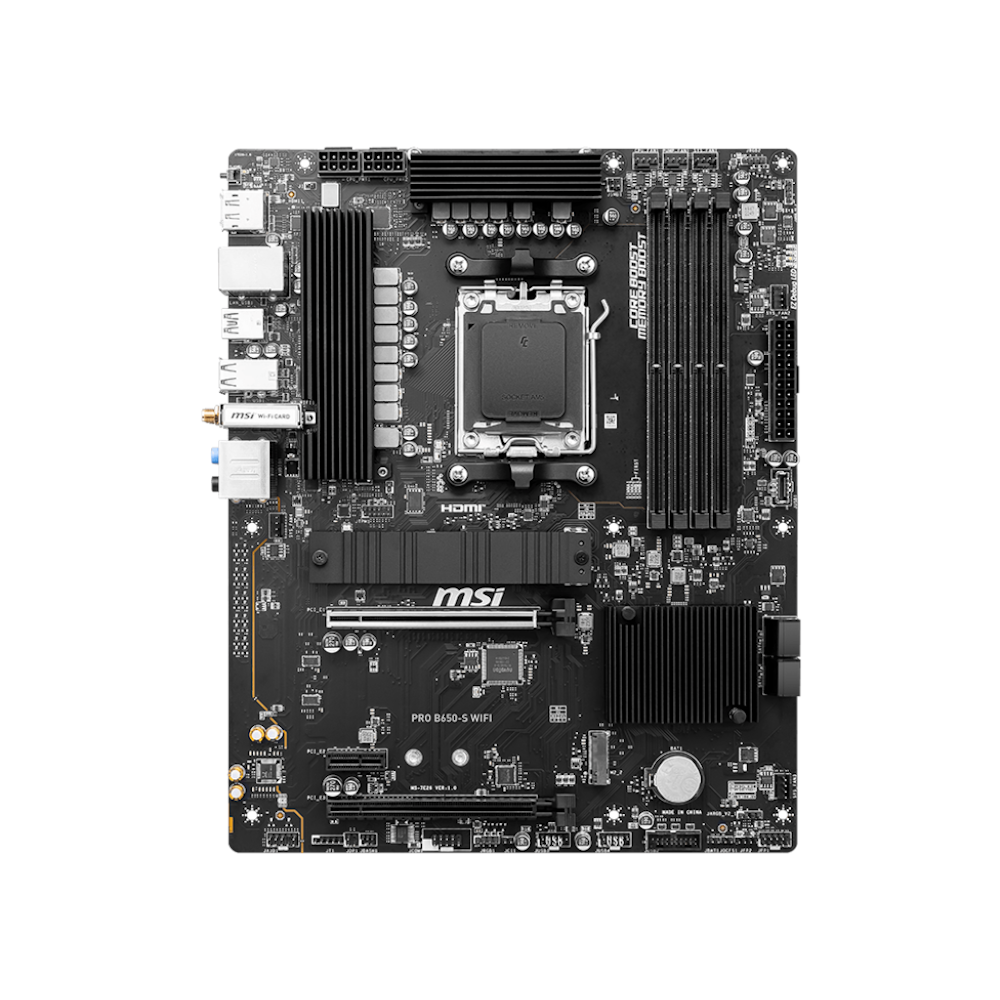 A large main feature product image of MSI PRO B650-S WIFI AM5 ATX Desktop Motherboard