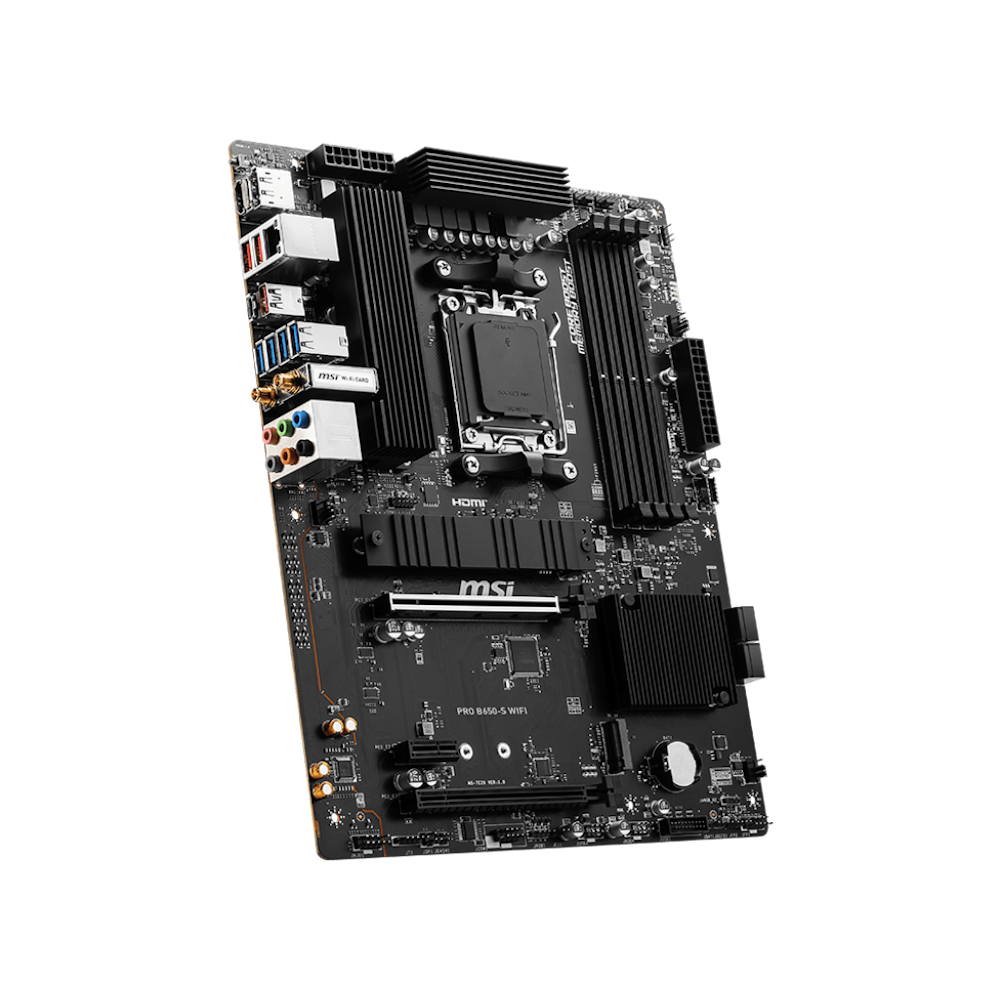 A large main feature product image of MSI PRO B650-S WIFI AM5 ATX Desktop Motherboard
