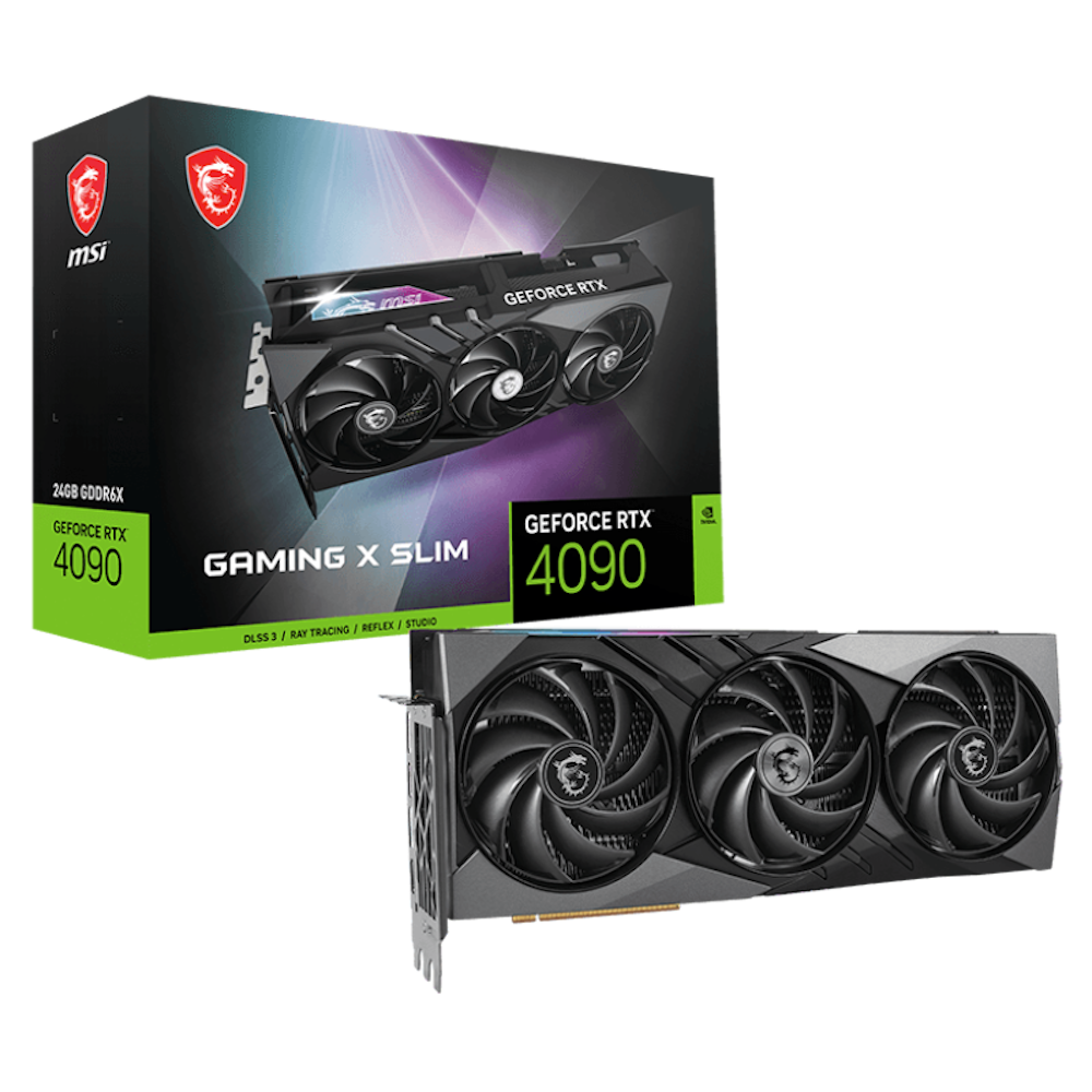 A large main feature product image of MSI GeForce RTX 4090 GAMING X SLIM 24GB GDDR6X
