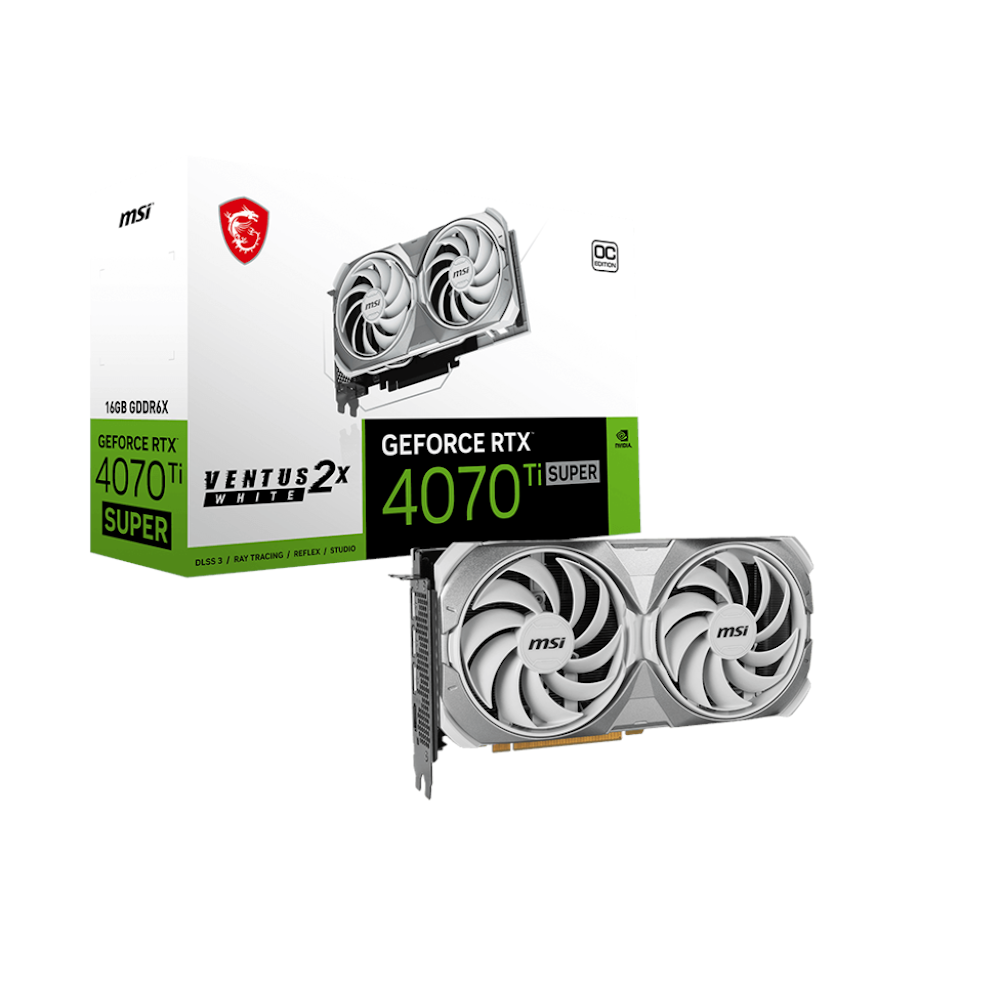 A large main feature product image of MSI GeForce RTX 4070 Ti SUPER Ventus 2X OC 16GGB GDDR6X - White