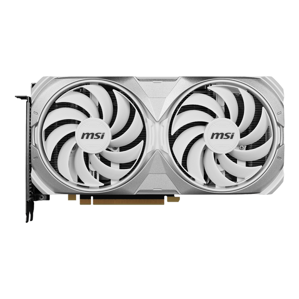 A large main feature product image of MSI GeForce RTX 4070 Ti SUPER Ventus 2X OC 16GGB GDDR6X - White