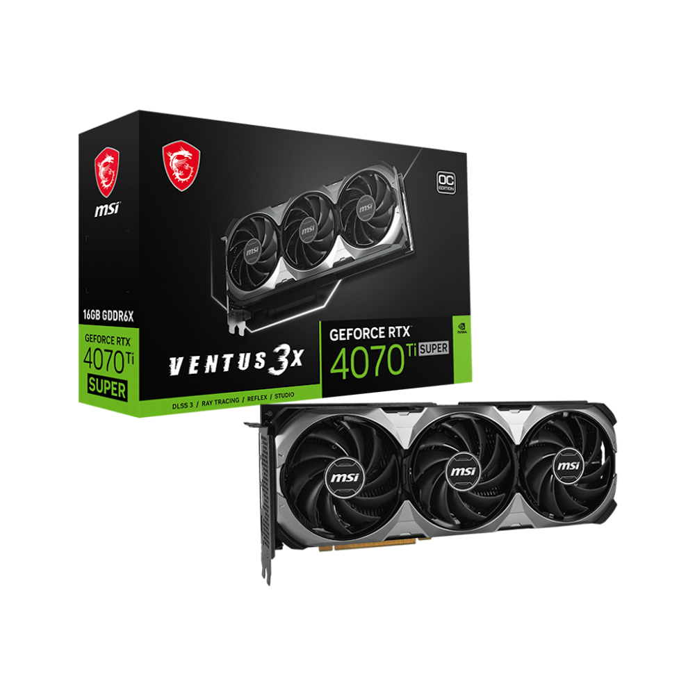 A large main feature product image of MSI GeForce RTX 4070 Ti SUPER Ventus 3X OC 16GB GDDR6X