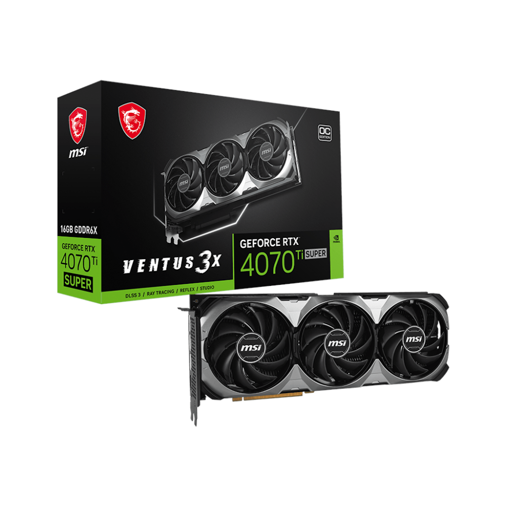 A large main feature product image of MSI GeForce RTX 4070 Ti SUPER Ventus 3X OC 16GB GDDR6X