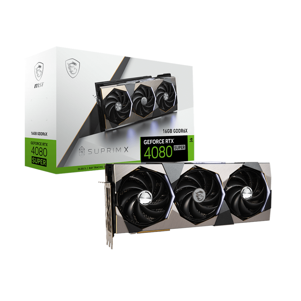 A large main feature product image of MSI GeForce RTX 4080 SUPER Suprim X 16GB GDDR6X