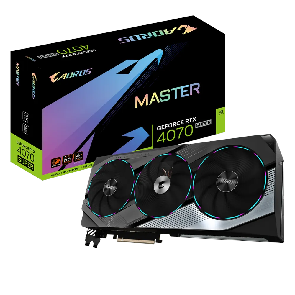 A large main feature product image of Gigabyte GeForce RTX 4070 SUPER Master 12GB GDDR6X
