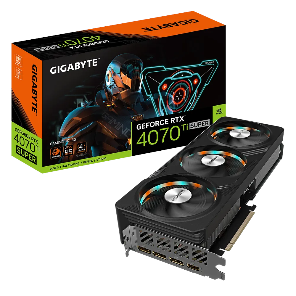 A large main feature product image of Gigabyte GeForce RTX 4070 Ti SUPER Gaming OC 16GB GDDR6X
