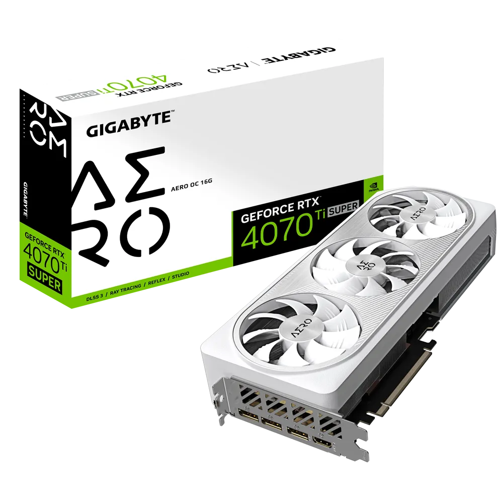 A large main feature product image of Gigabyte GeForce RTX 4070 Ti SUPER Aero OC 16GB GDDR6X 