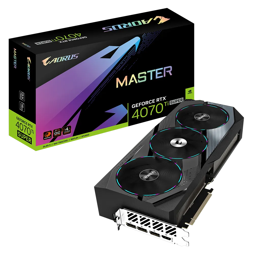 A large main feature product image of Gigabyte GeForce RTX 4070 Ti SUPER Aorus Master 16GB GDDR6X 