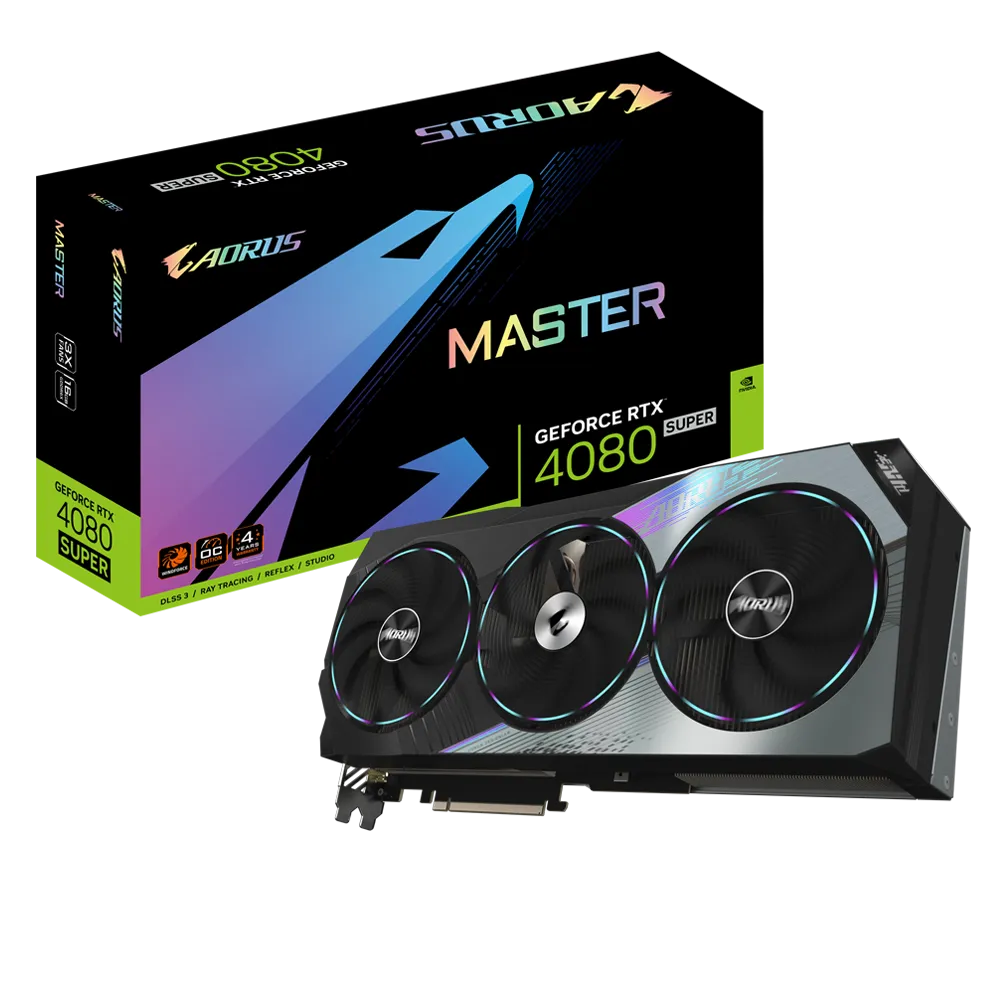 A large main feature product image of Gigabyte GeForce RTX 4080 SUPER Aorus Master 16GB GDDR6X