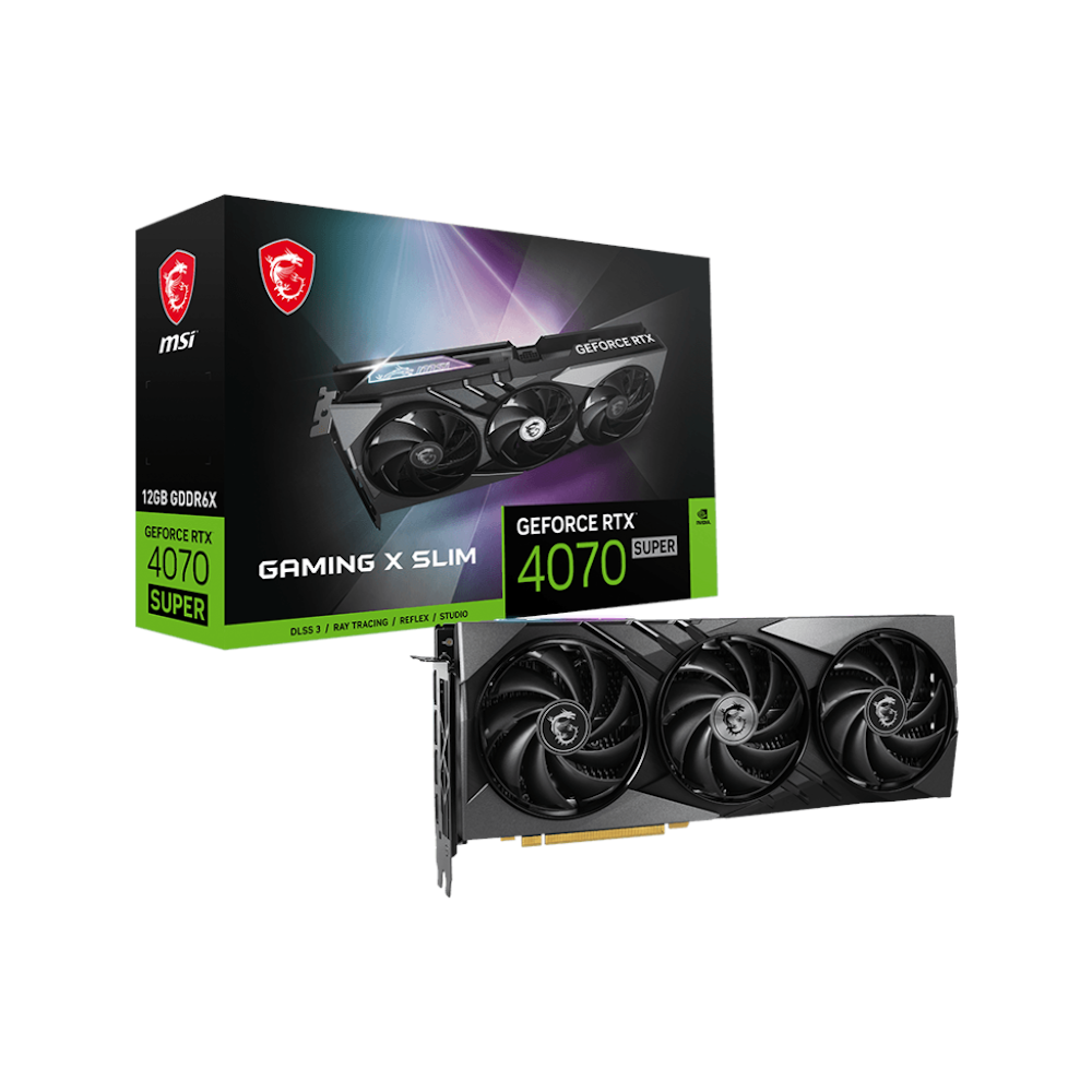 A large main feature product image of MSI GeForce RTX 4070 SUPER Gaming X Slim 12GB GDDR6X - Black