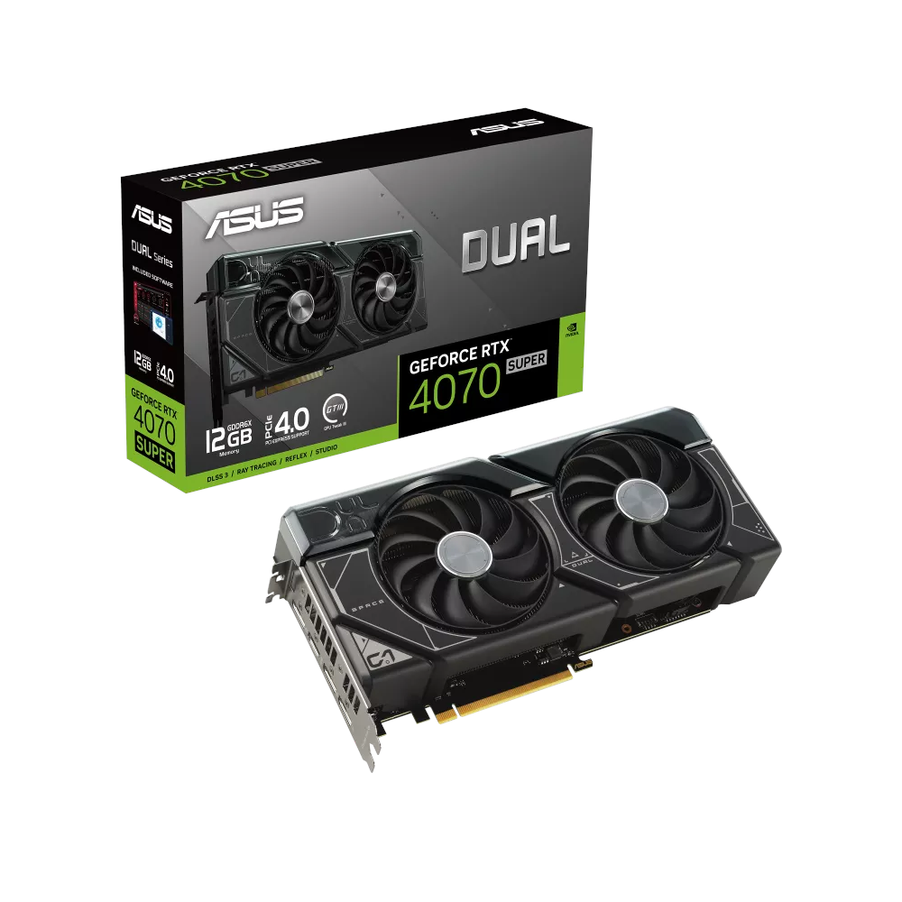 A large main feature product image of ASUS GeForce RTX 4070 SUPER Dual 12GB GDDR6X