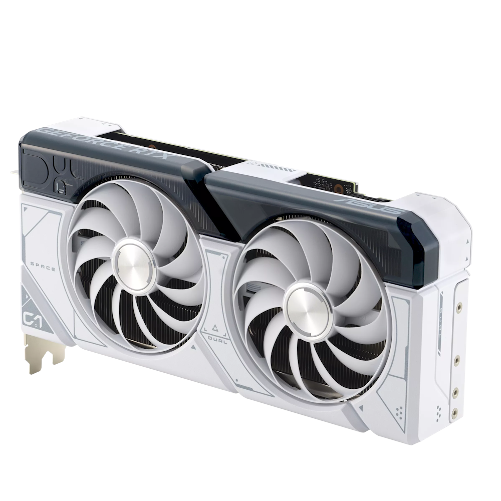 A large main feature product image of ASUS GeForce RTX 4070 SUPER Dual OC 12GB GDDR6X - White