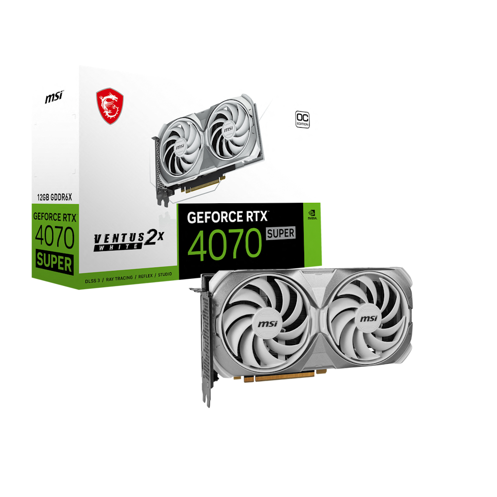 A large main feature product image of MSI GeForce RTX 4070 SUPER Ventus 2X OC 12GB GDDR6X - White