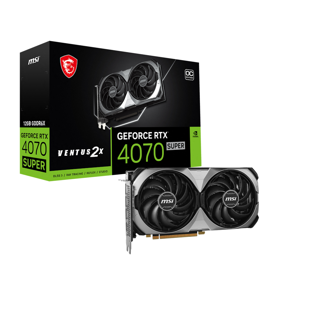 A large main feature product image of MSI GeForce RTX 4070 SUPER Ventus 2X OC 12GB GDDR6X - Black
