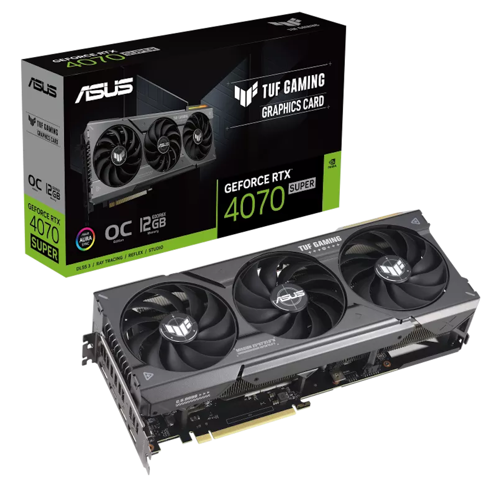 A large main feature product image of ASUS GeForce RTX 4070 SUPER TUF Gaming OC 12GB GDDR6X