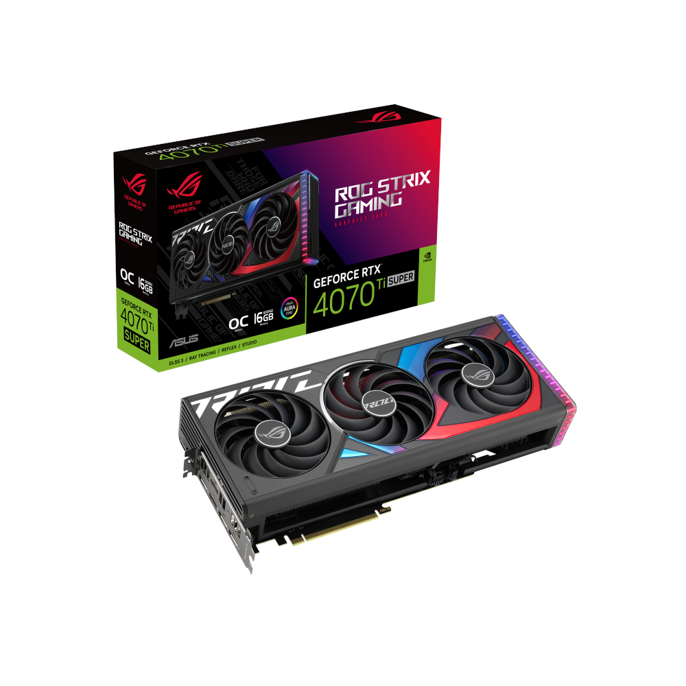 A large main feature product image of ASUS GeForce RTX 4070 Ti SUPER ROG Strix OC 16GB GDDR6X