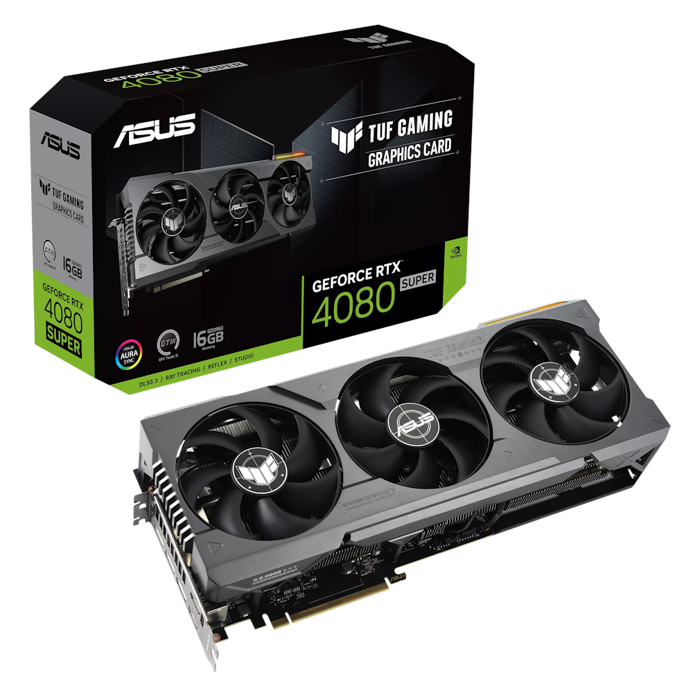 A large main feature product image of ASUS GeForce RTX 4080 SUPER TUF Gaming 16GB GDDR6X