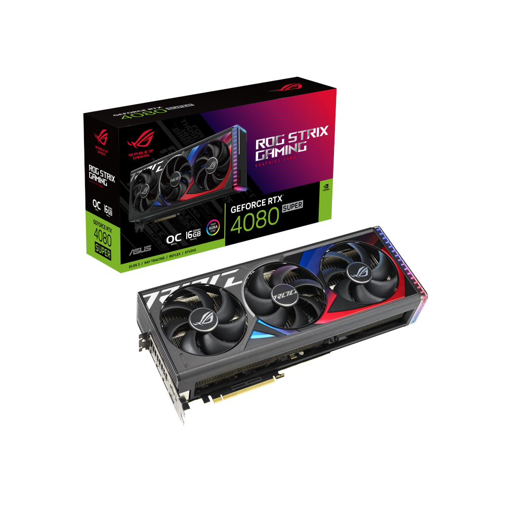 A large main feature product image of ASUS GeForce RTX 4080 SUPER ROG Strix OC 16GB GDDR6X