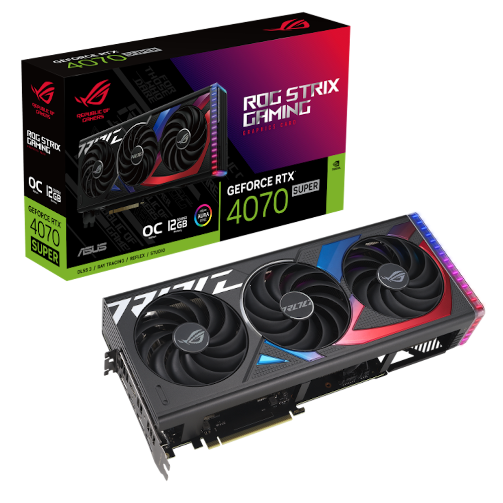 A large main feature product image of ASUS GeForce RTX 4070 SUPER ROG Strix 12GB GDDR6X