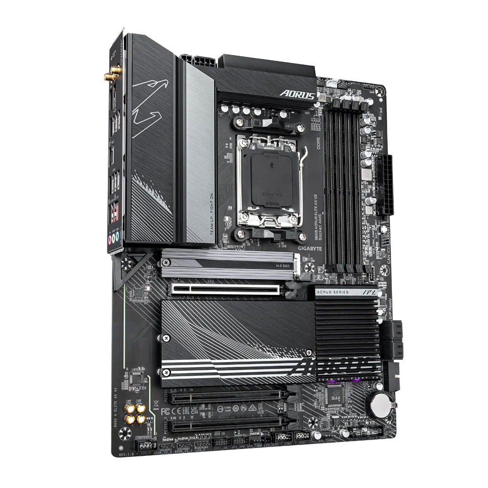 A large main feature product image of Gigabyte B650 AORUS ELITE AX V2 AM5 ATX Desktop Motherboard