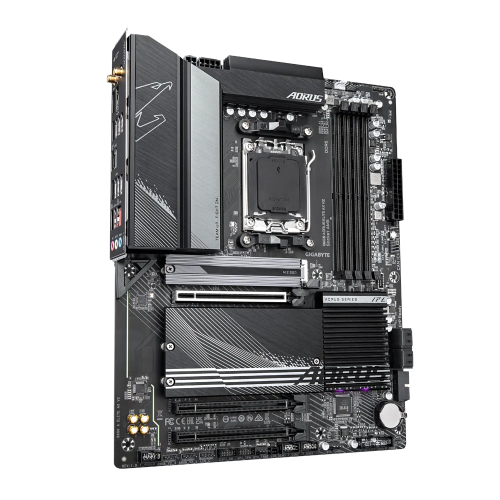 A large main feature product image of Gigabyte B650 Aorus Elite AX V2 AM5 ATX Desktop Motherboard
