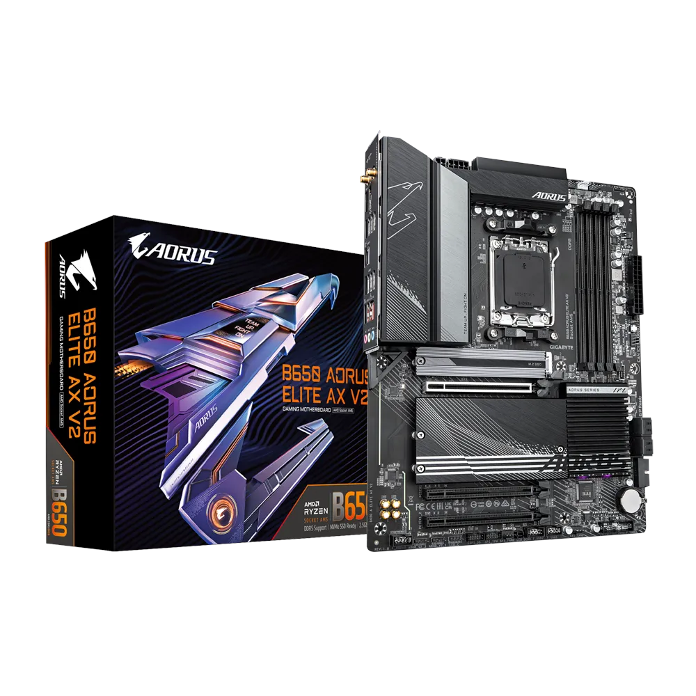 A large main feature product image of Gigabyte B650 AORUS ELITE AX V2 AM5 ATX Desktop Motherboard