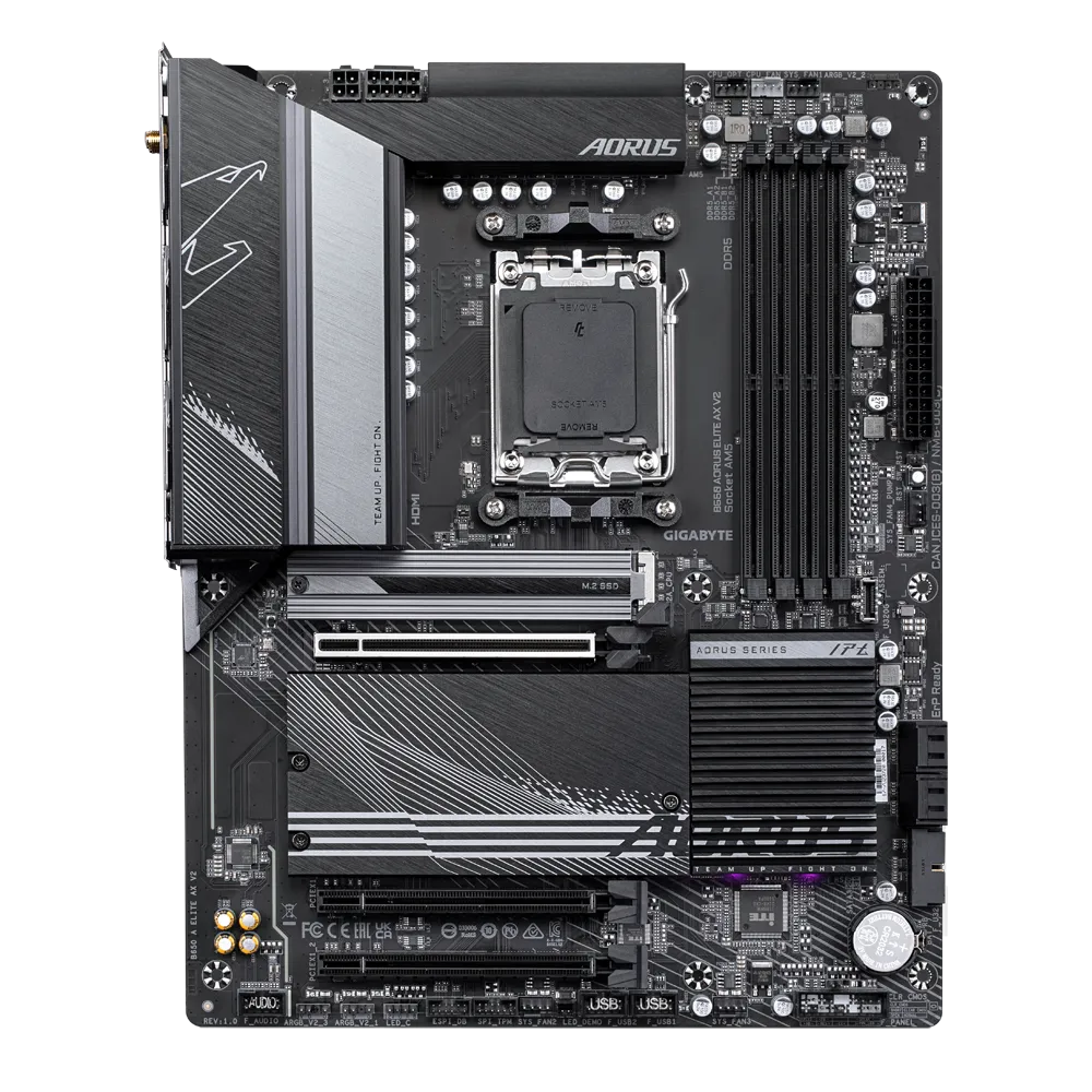 A large main feature product image of Gigabyte B650 AORUS ELITE AX V2 AM5 ATX Desktop Motherboard