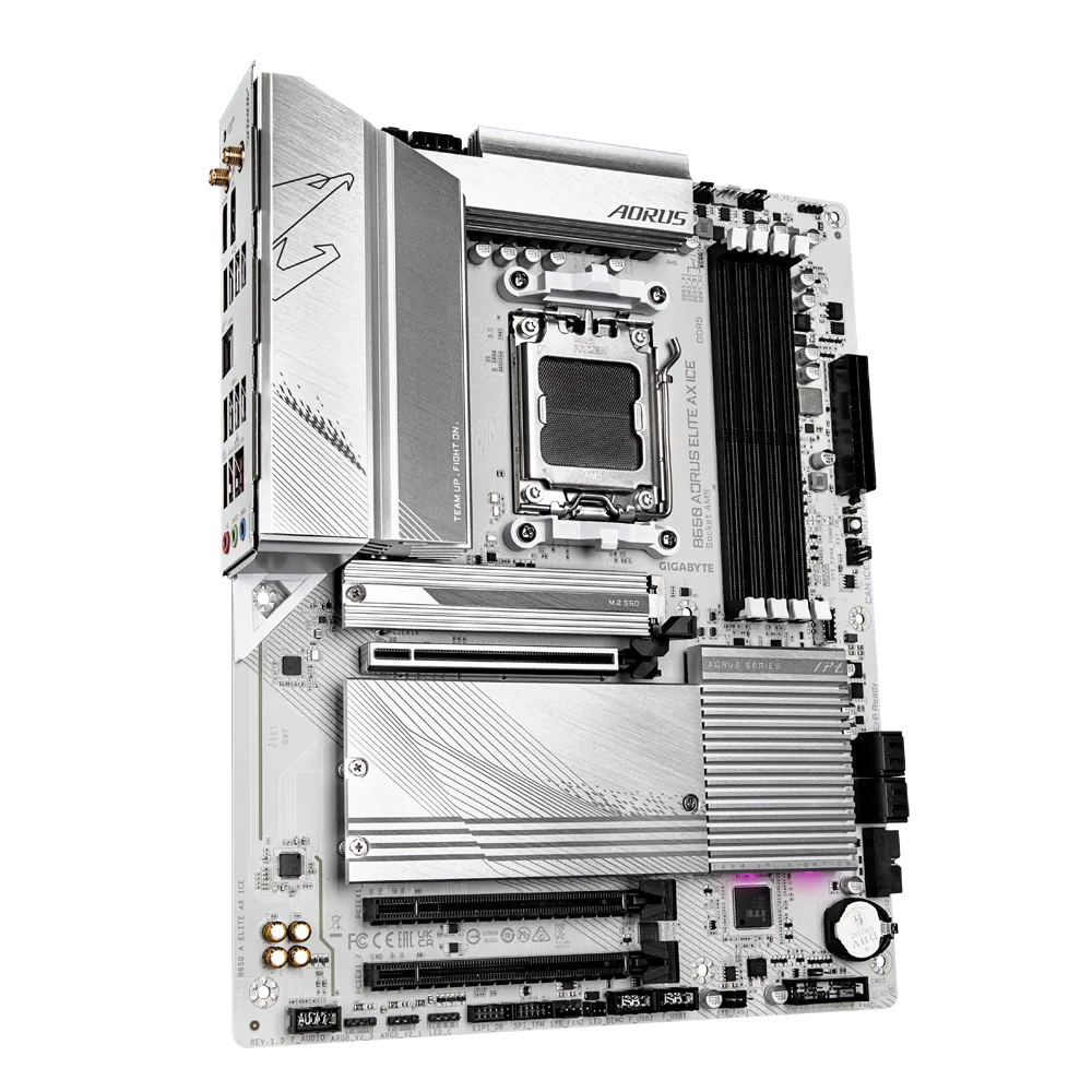 A large main feature product image of Gigabyte B650 AORUS ELITE AX ICE AM5 ATX Desktop motherboard