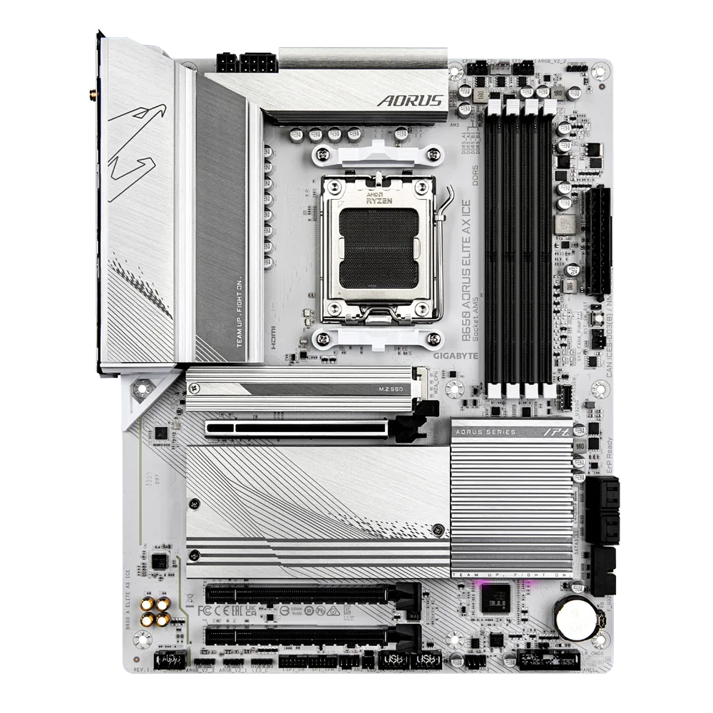 A large main feature product image of Gigabyte B650 Aorus A Elite AX Ice AM5 ATX Desktop motherboard