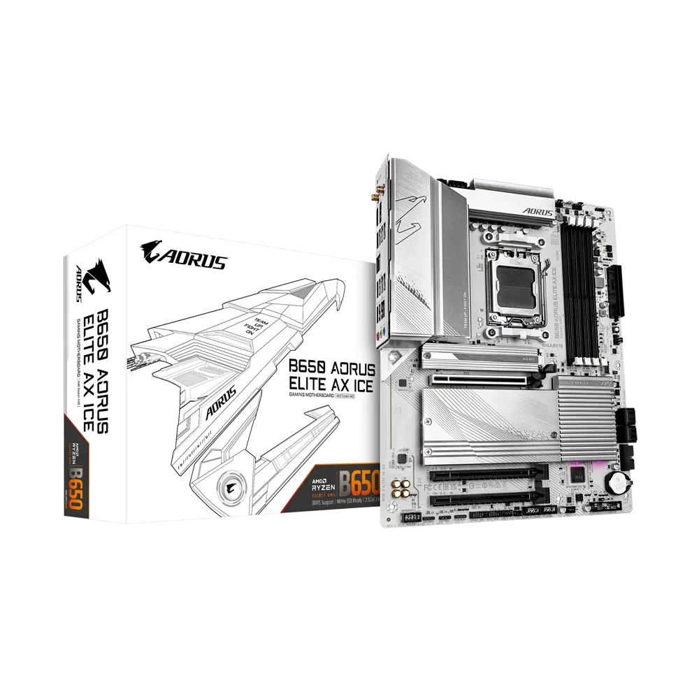 A large main feature product image of Gigabyte B650 AORUS ELITE AX ICE AM5 ATX Desktop motherboard