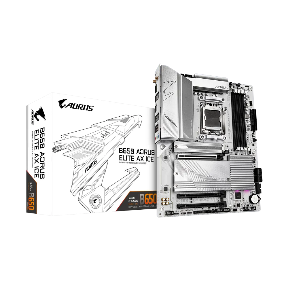 A large main feature product image of Gigabyte B650 Aorus A Elite AX Ice AM5 ATX Desktop motherboard