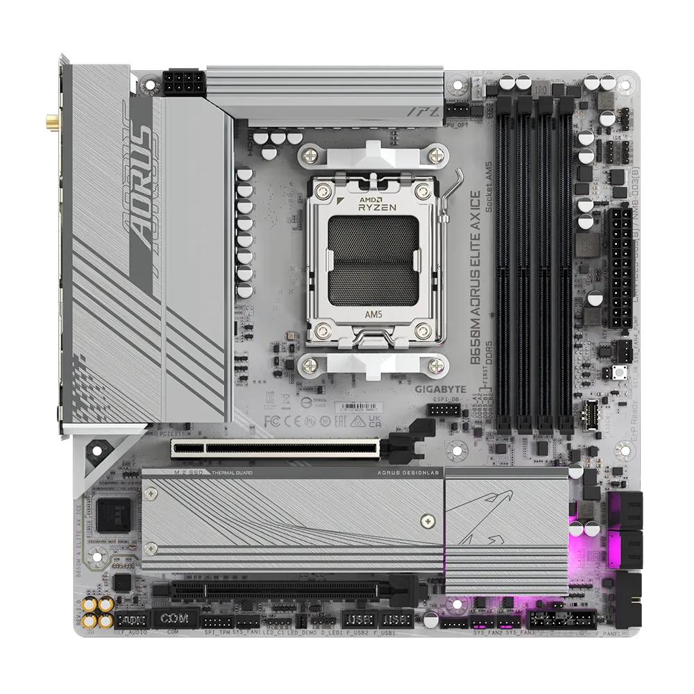 A large main feature product image of Gigabyte B650M AORUS ELITE AX ICE AM5 mATX Desktop Motherboard