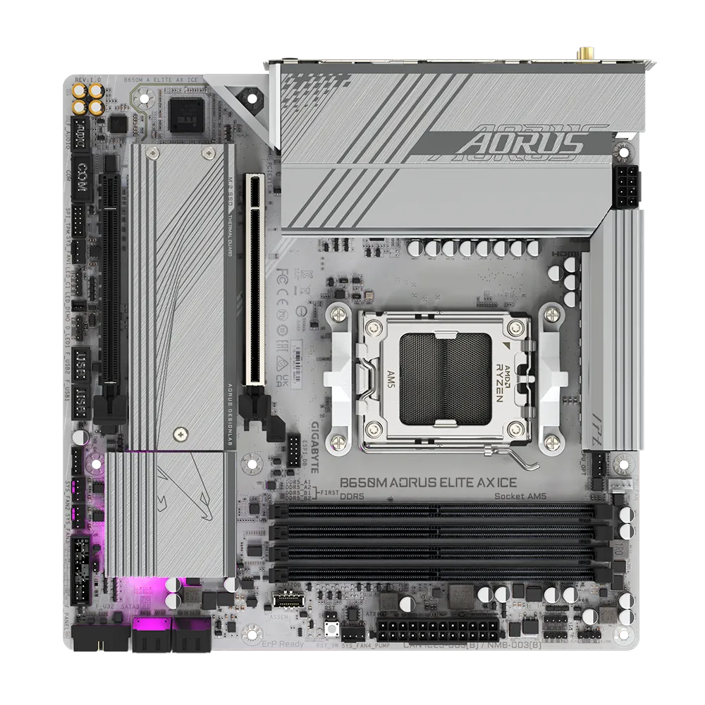 A large main feature product image of Gigabyte B650M Aorus A Elite AX Ice AM5 mATX Desktop Motherboard